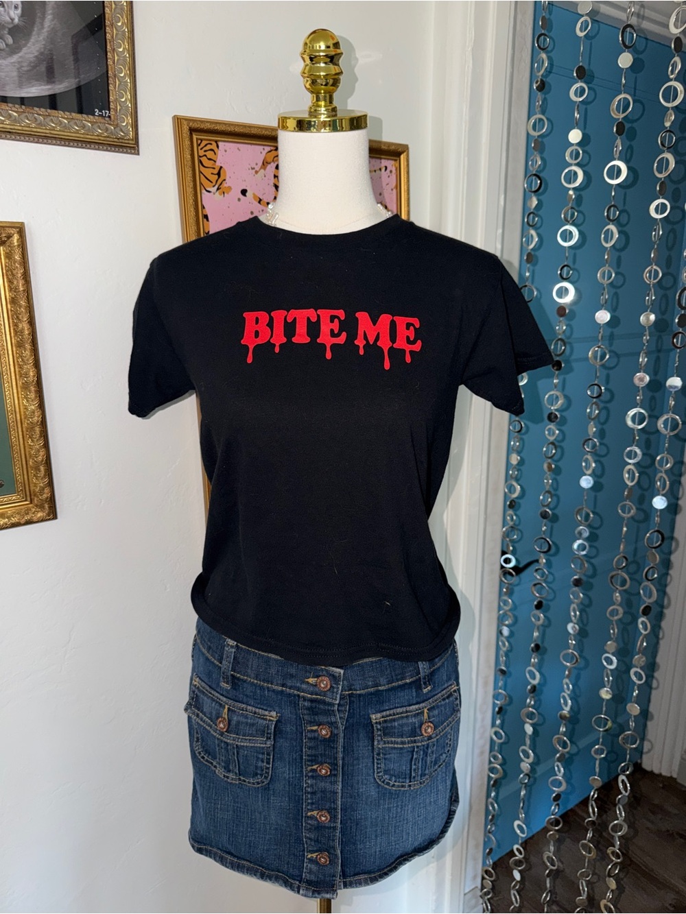 Y2K Black 'Bite Me' Graphic Tee with Red Drip Logo